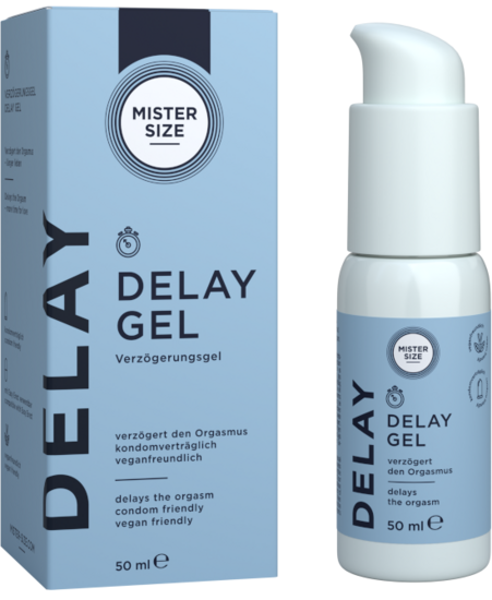 Mister Size Delay Gel kartong och flaska med pumpdispenser