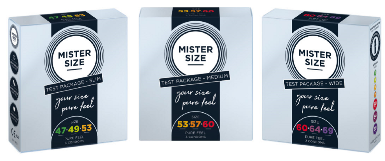 Tre olika Mister Size kondomtestförpackningar